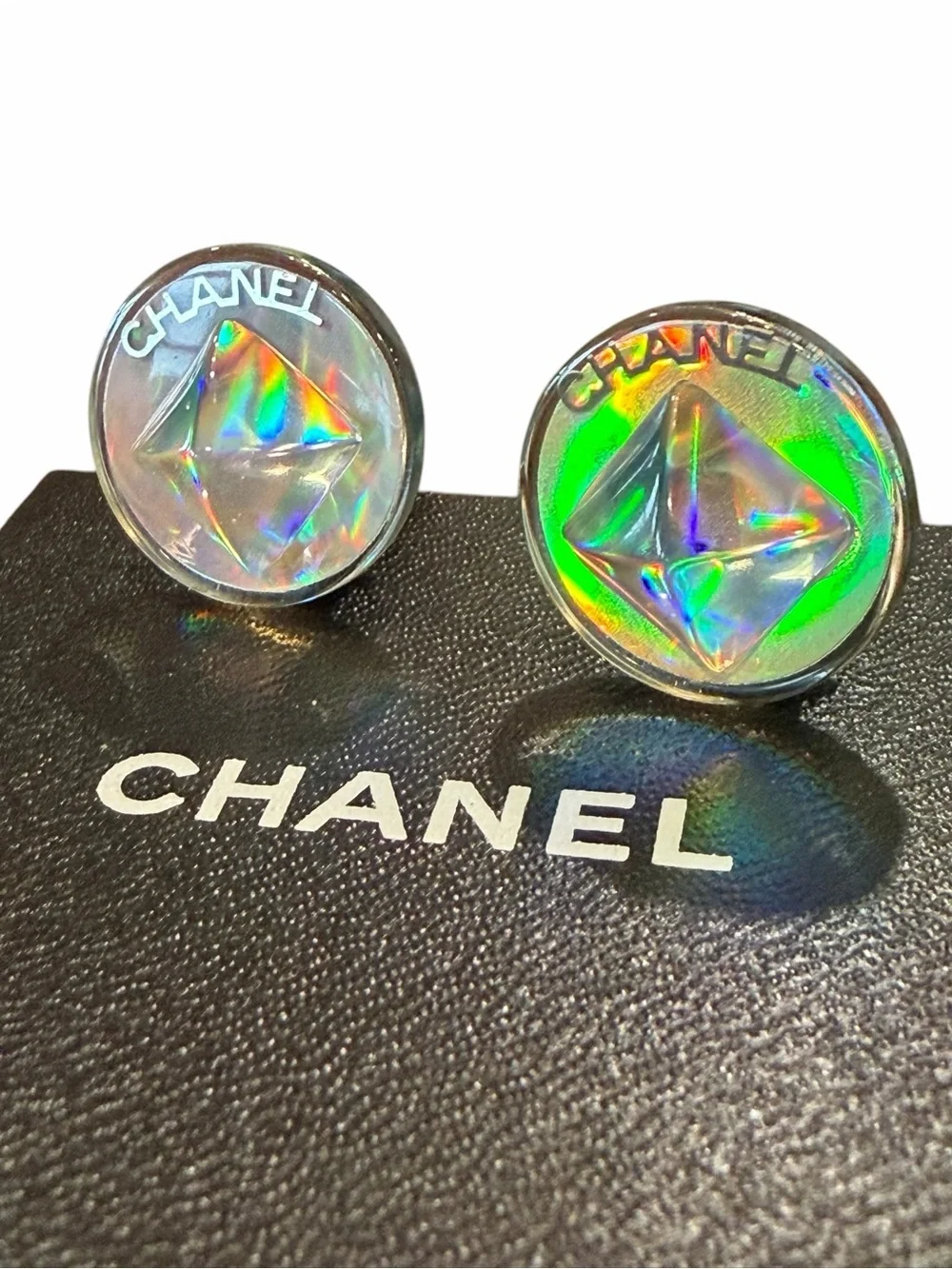 CHANEL Silver-Tone Clip-On Earrings with Iridescent Holographic Centers